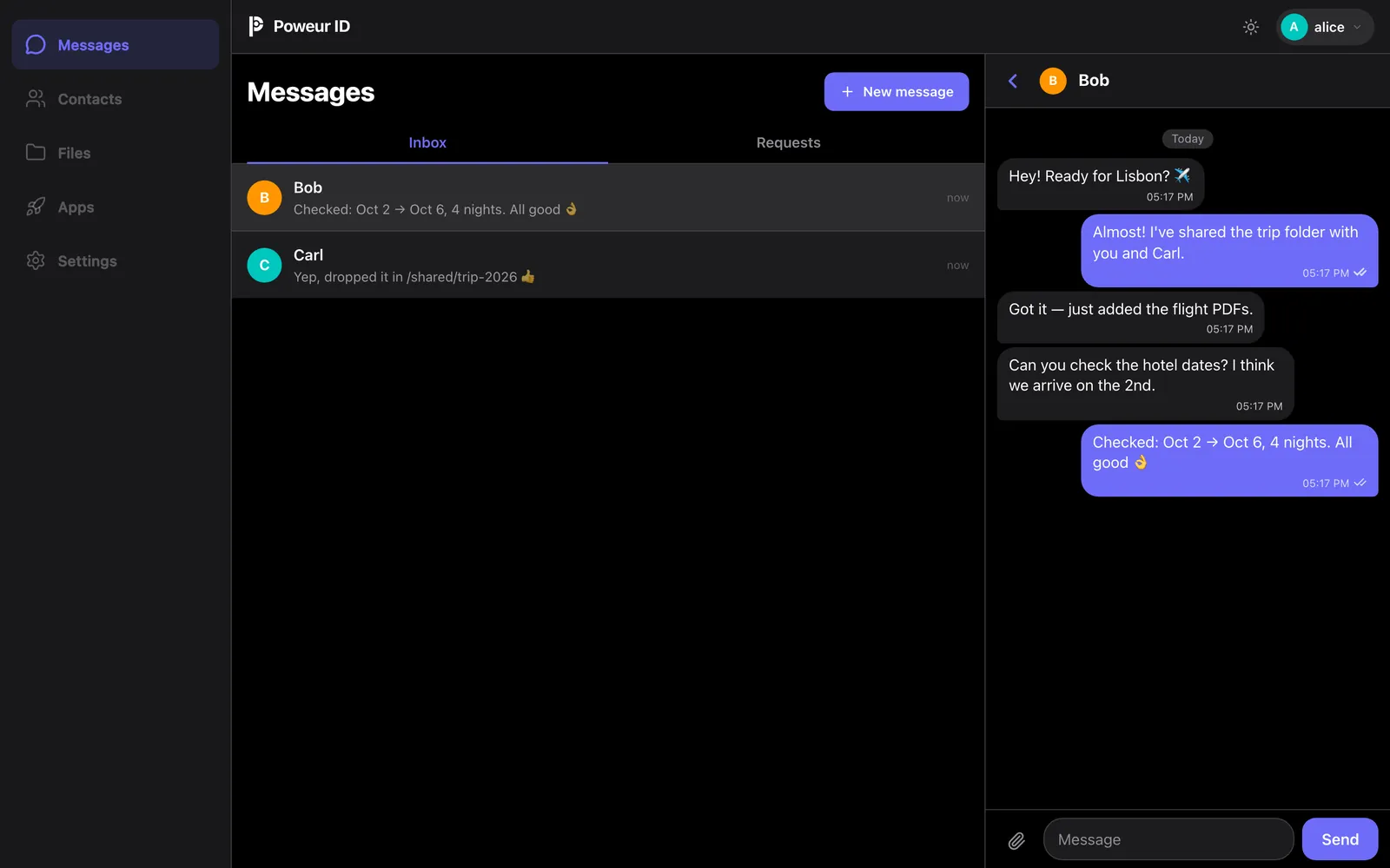 Poweur web app: Alice's inbox and her conversation with Bob