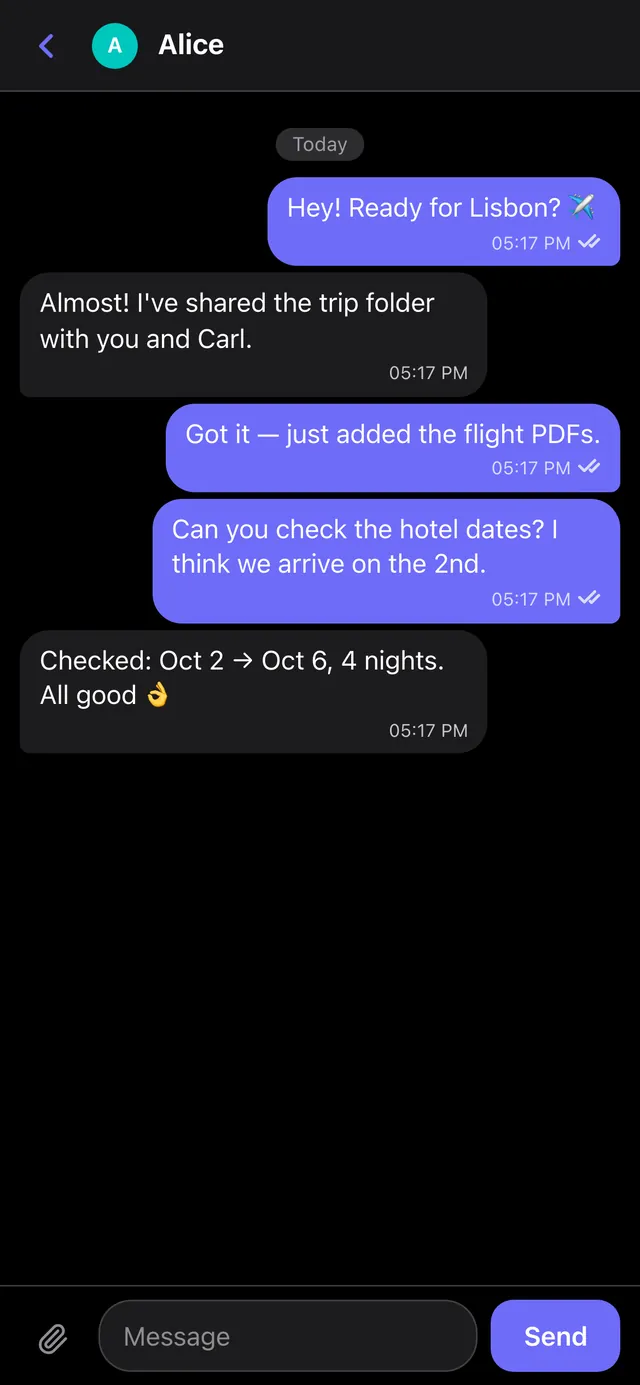 Bob's phone: the same conversation with Alice